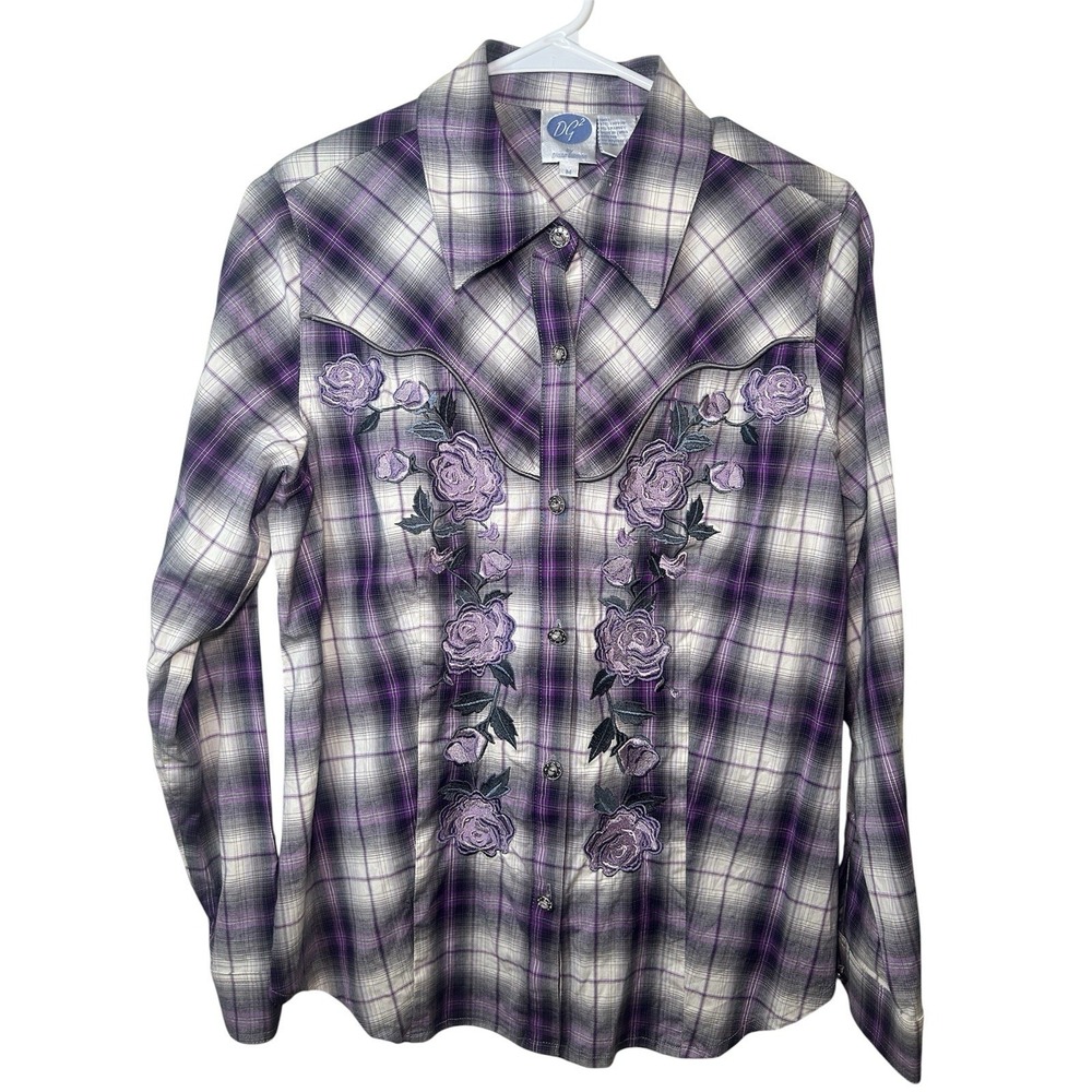 Diane Gilman Purple Emroided Long Sleeve Rose Plaid Button Up M Westen Rodeo